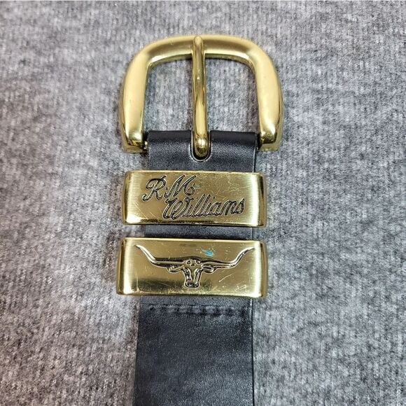 R.M. Williams Drover Mens Size 30 Black Cowhide Leather Belt Gold Buckle - Picture 3 of 9